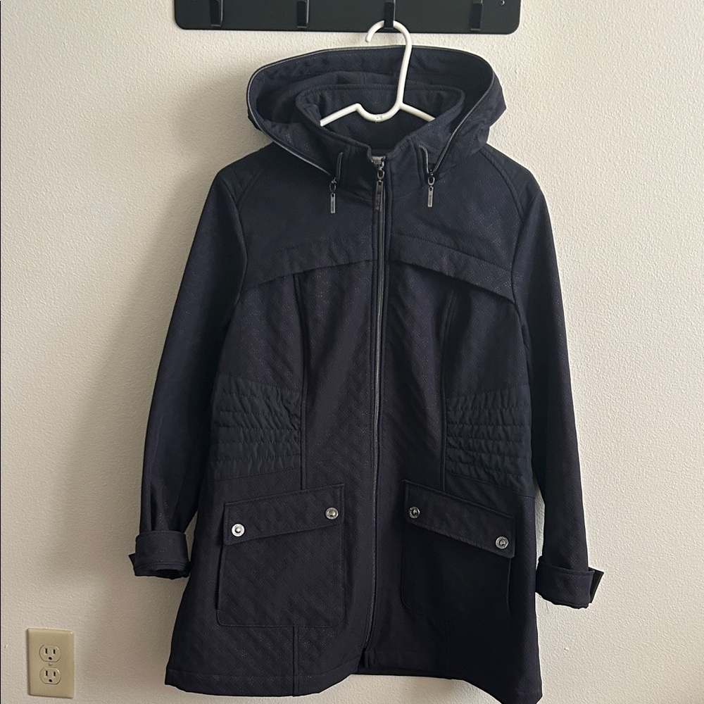 Kenzie Navy Blue Lge. Full Zip Hooded Soft Shell Nicely Detailed Jacket Coat